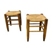 Paire de tabourets paillés style neo rustique bois