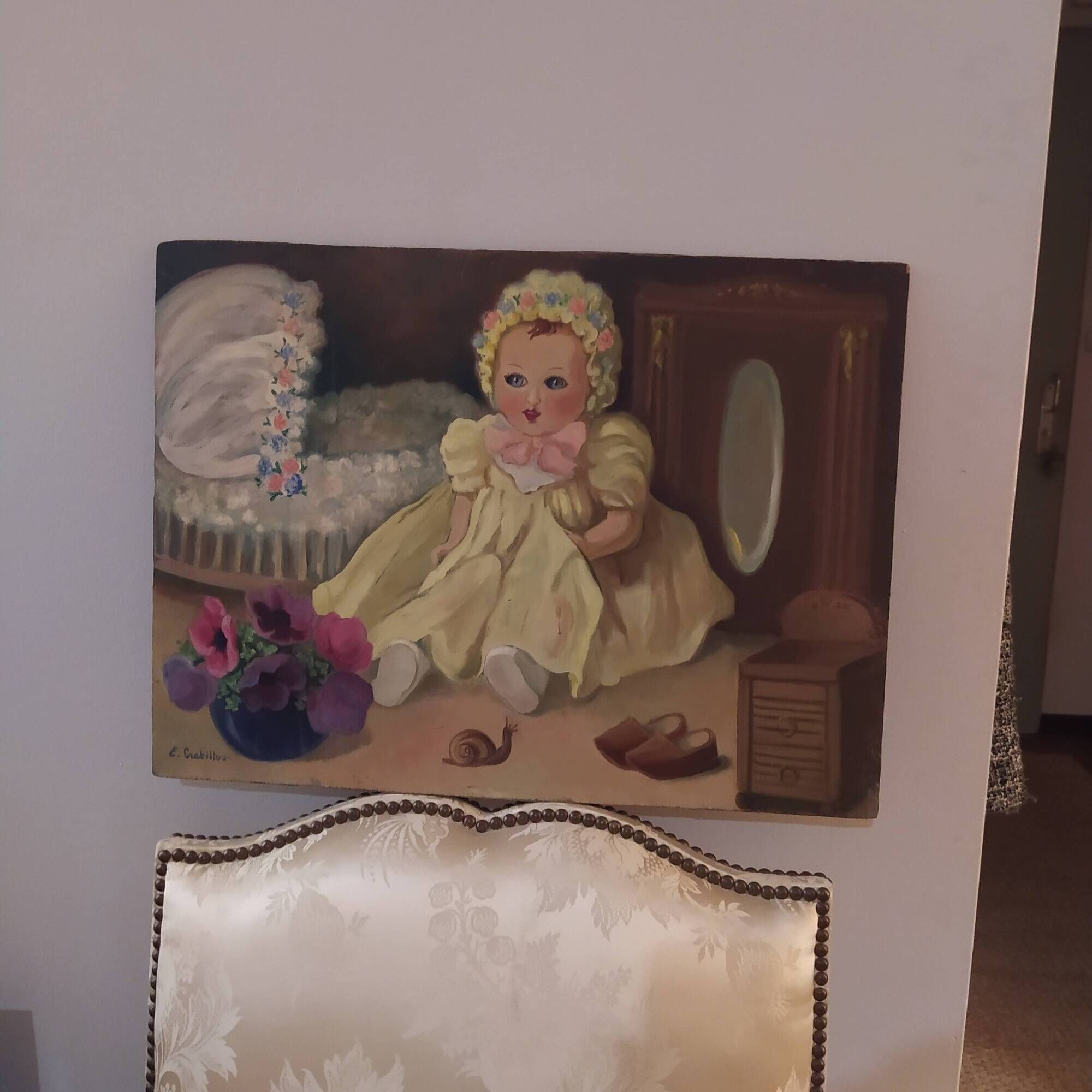 Oil on panel vintage 1930/1950 doll portrait