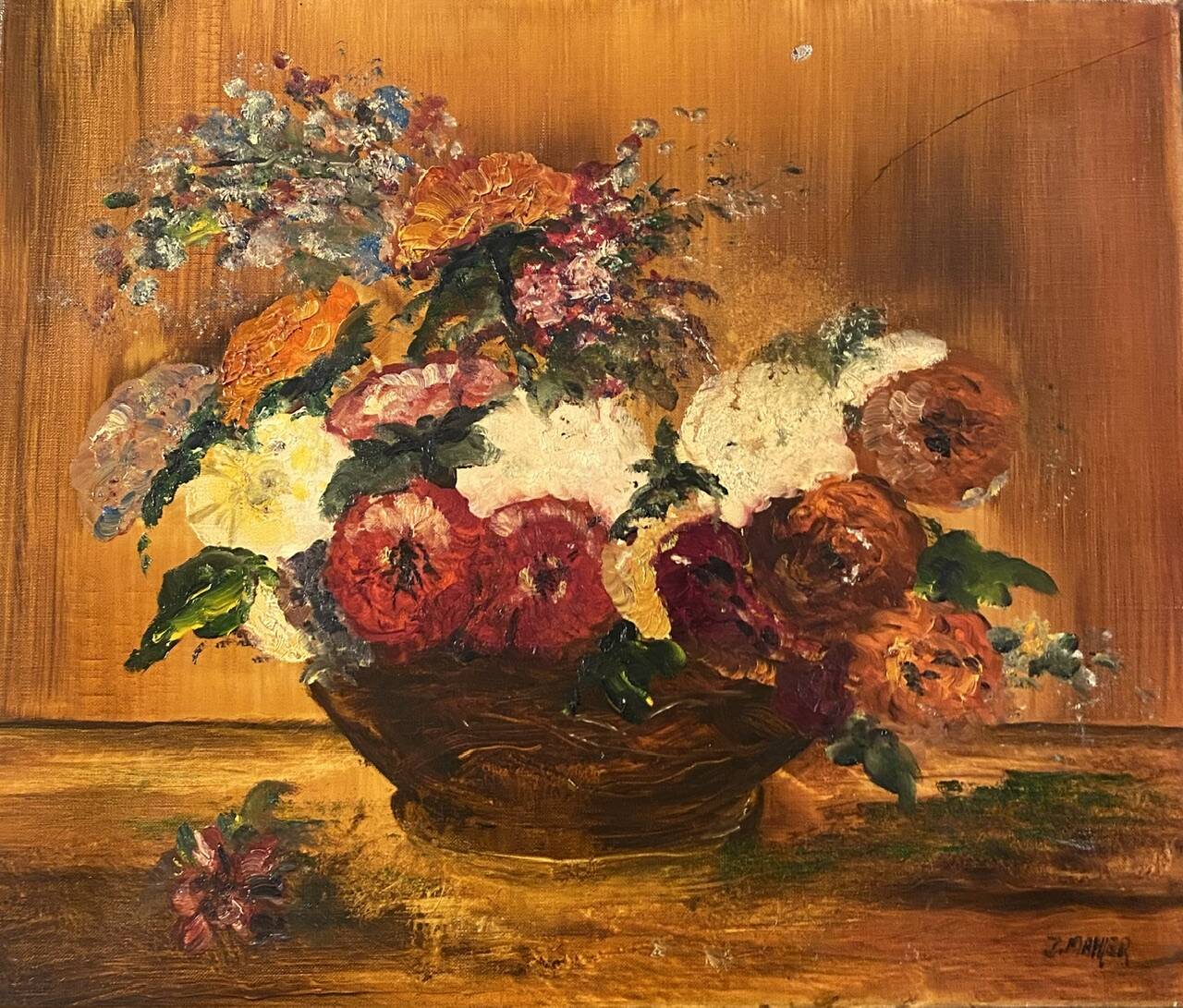 Still life with basket of wild flowers signed Mahler 20th century