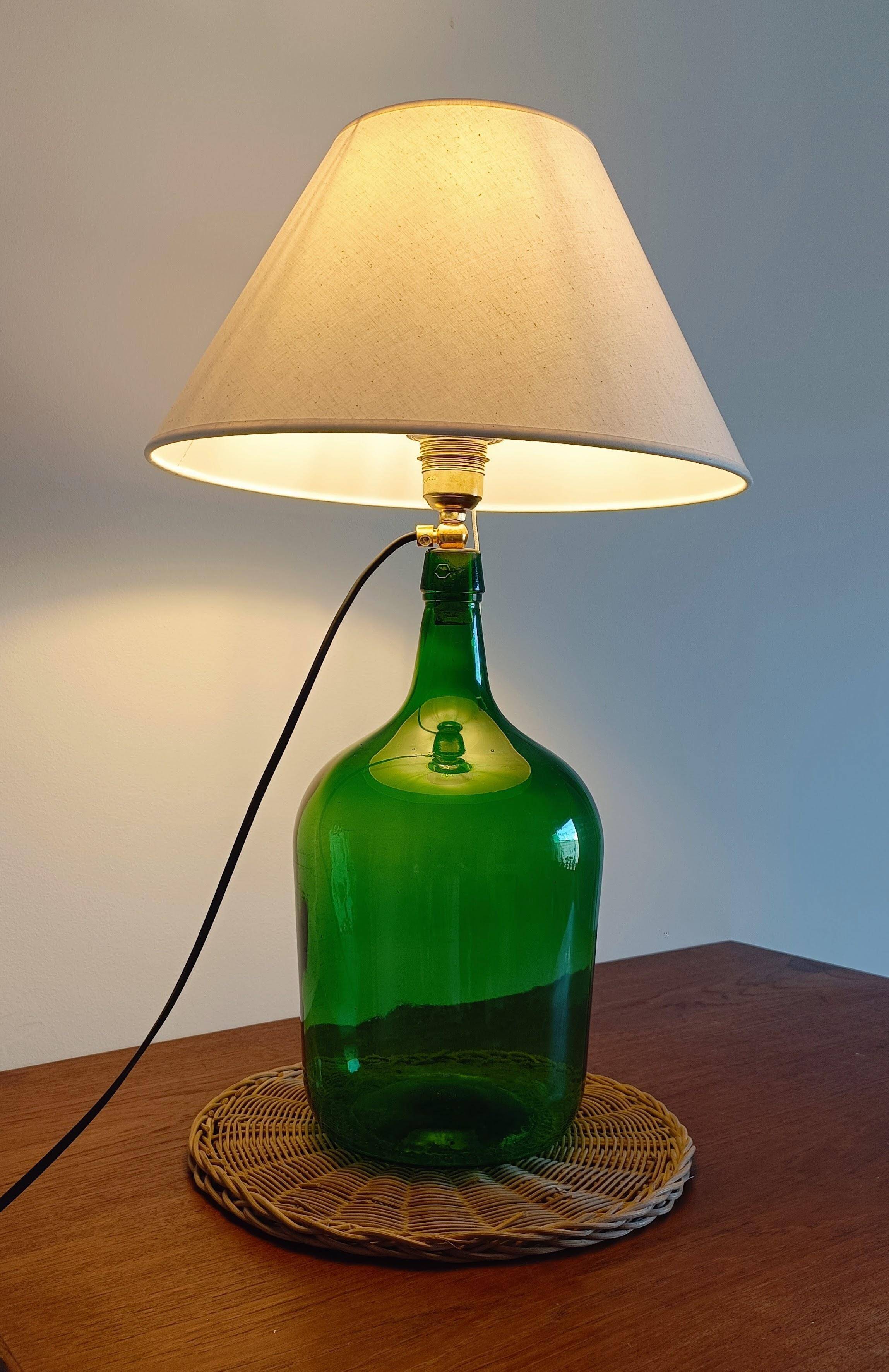 Mid-Century Green Glass Demijohn Table Lamp, Brass Fittings, Contemporary Shade