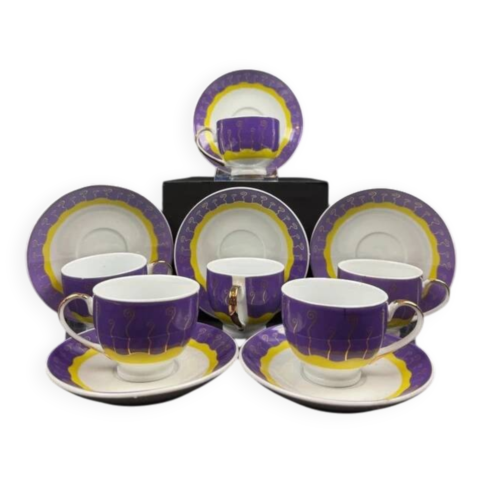 Set of 6 modern purple yellow and gold porcelain coffee cups from the 80s