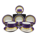 Set of 6 modern purple yellow and gold porcelain coffee cups from the 80s