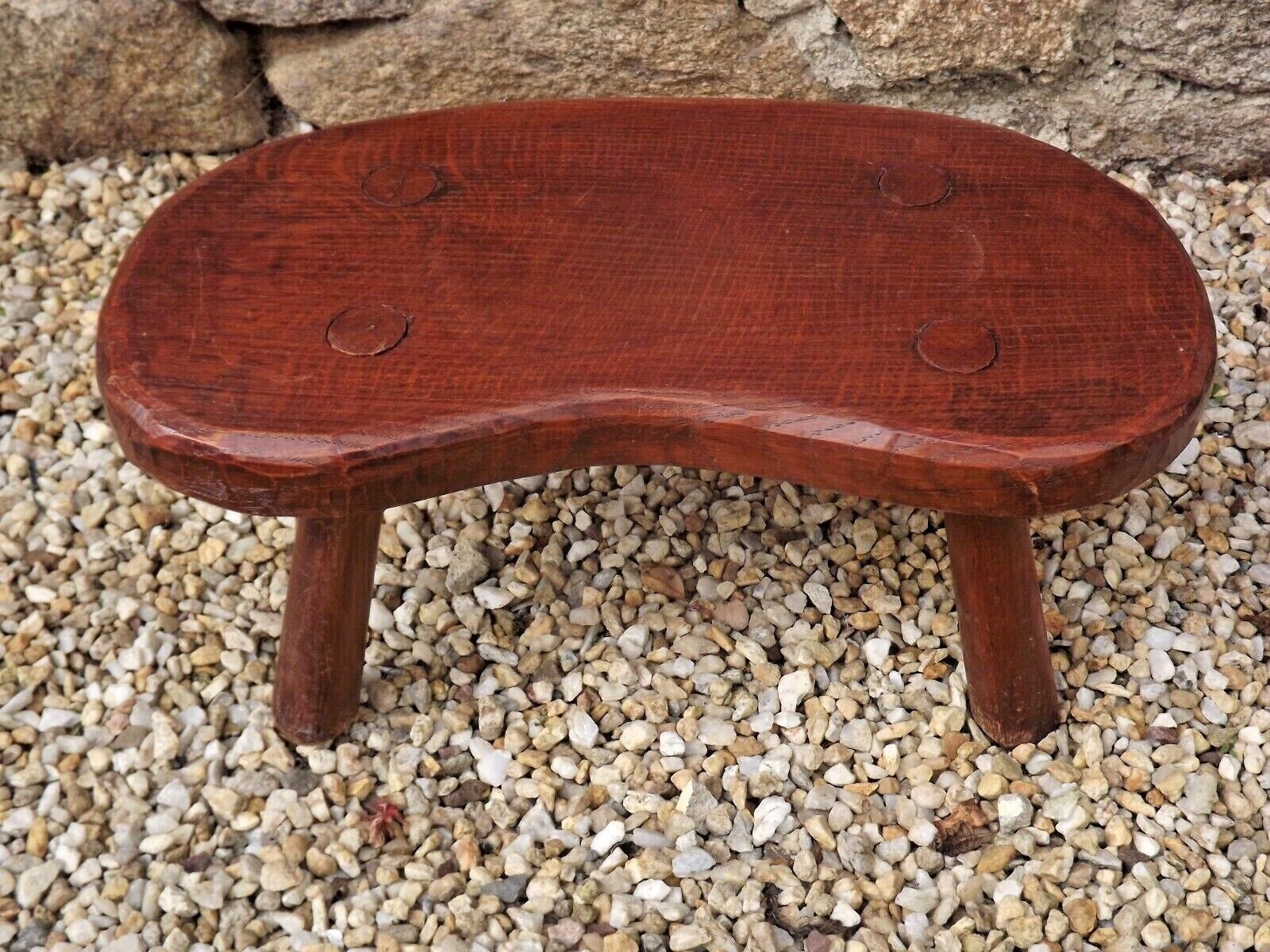 Vintage french hand turned solid oak 4 legged kidney shaped childs stool 3772