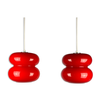 Set of two red pendant lights by Herwig and Frank Sterckx Glasfabriek De Rupel