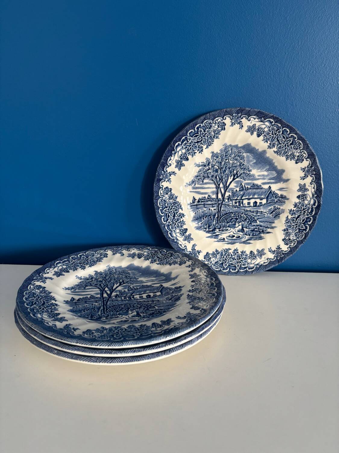 Set of 4 vintage English porcelain dessert plates, blue, cha decor