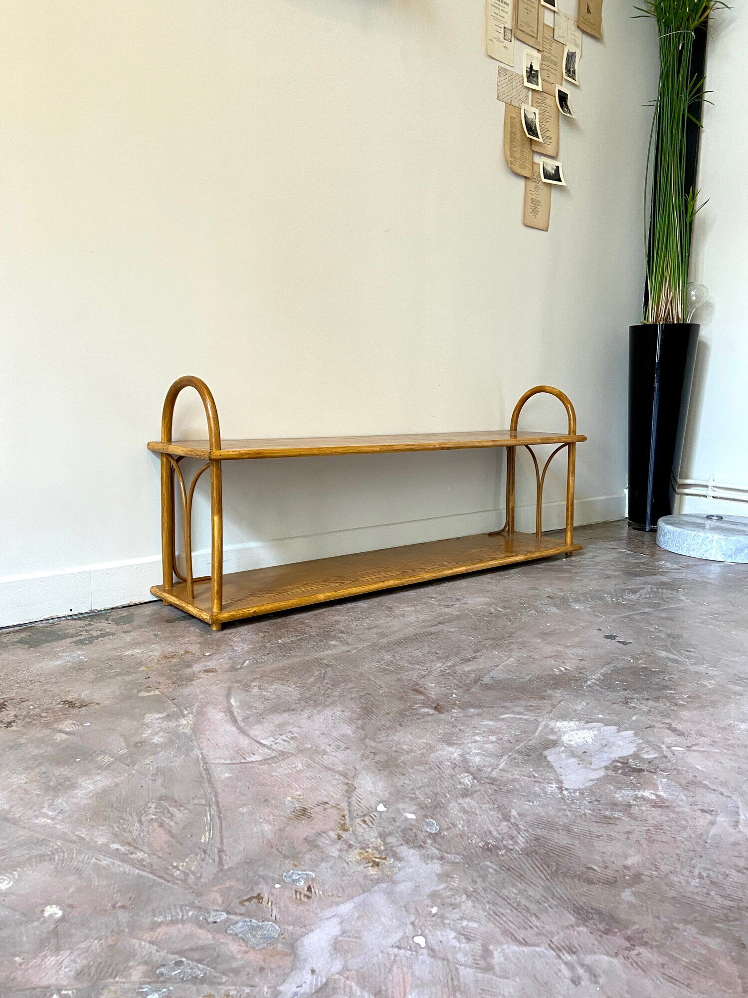 Wall shelf in light wood and rattan 1960s