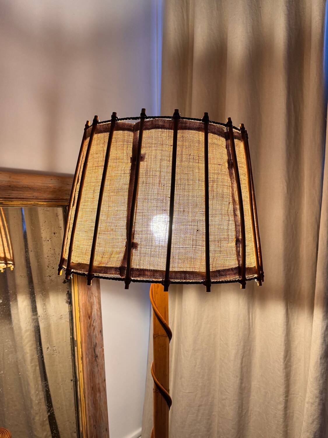 Louis Sognot vintage bamboo rattan floor lamp