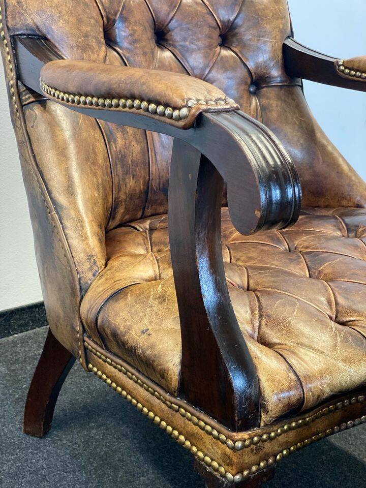 Antique Chesterfield Wing Chair with Stool and English Side Table