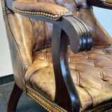 Antique Chesterfield Wing Chair with Stool and English Side Table
