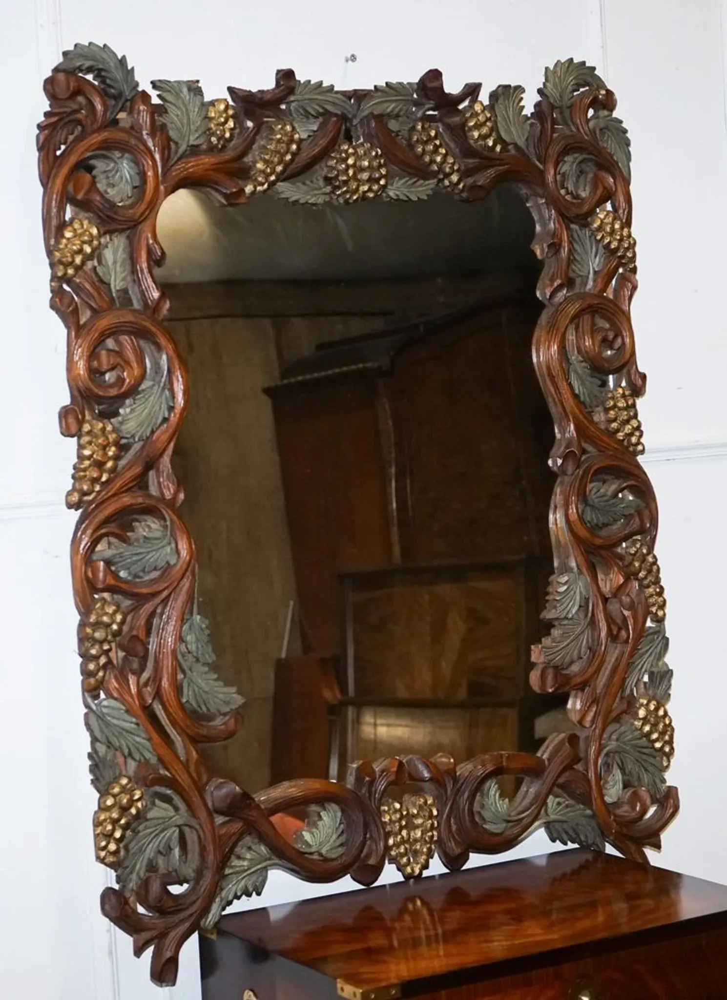 Vintage Black Heavily Carved Wooden Forest Wall Mirror