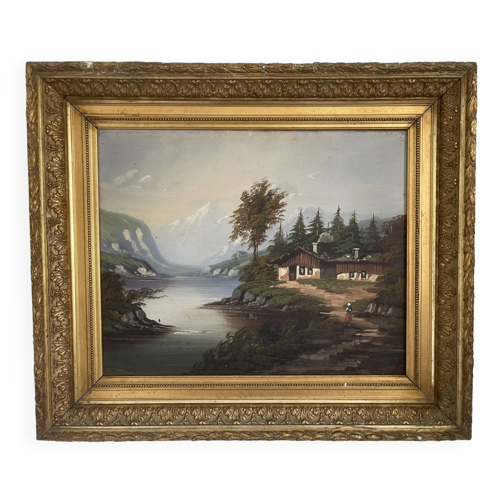 Old Oil Painting Canvas Swiss School Mountain Lake Shepherd Signed