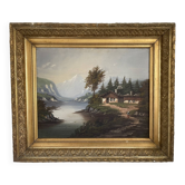 Old Oil Painting Canvas Swiss School Mountain Lake Shepherd Signed
