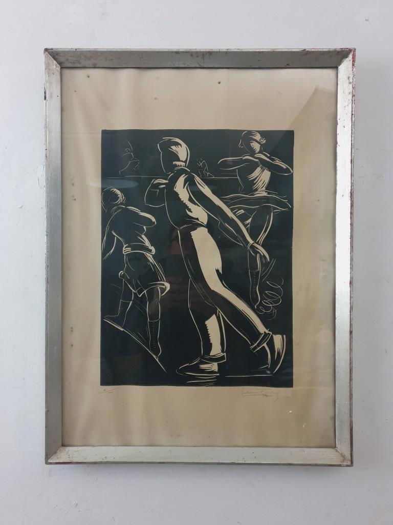 Linocut skating art deco painting - vintage sport - ice skates