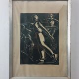 Linocut skating art deco painting - vintage sport - ice skates