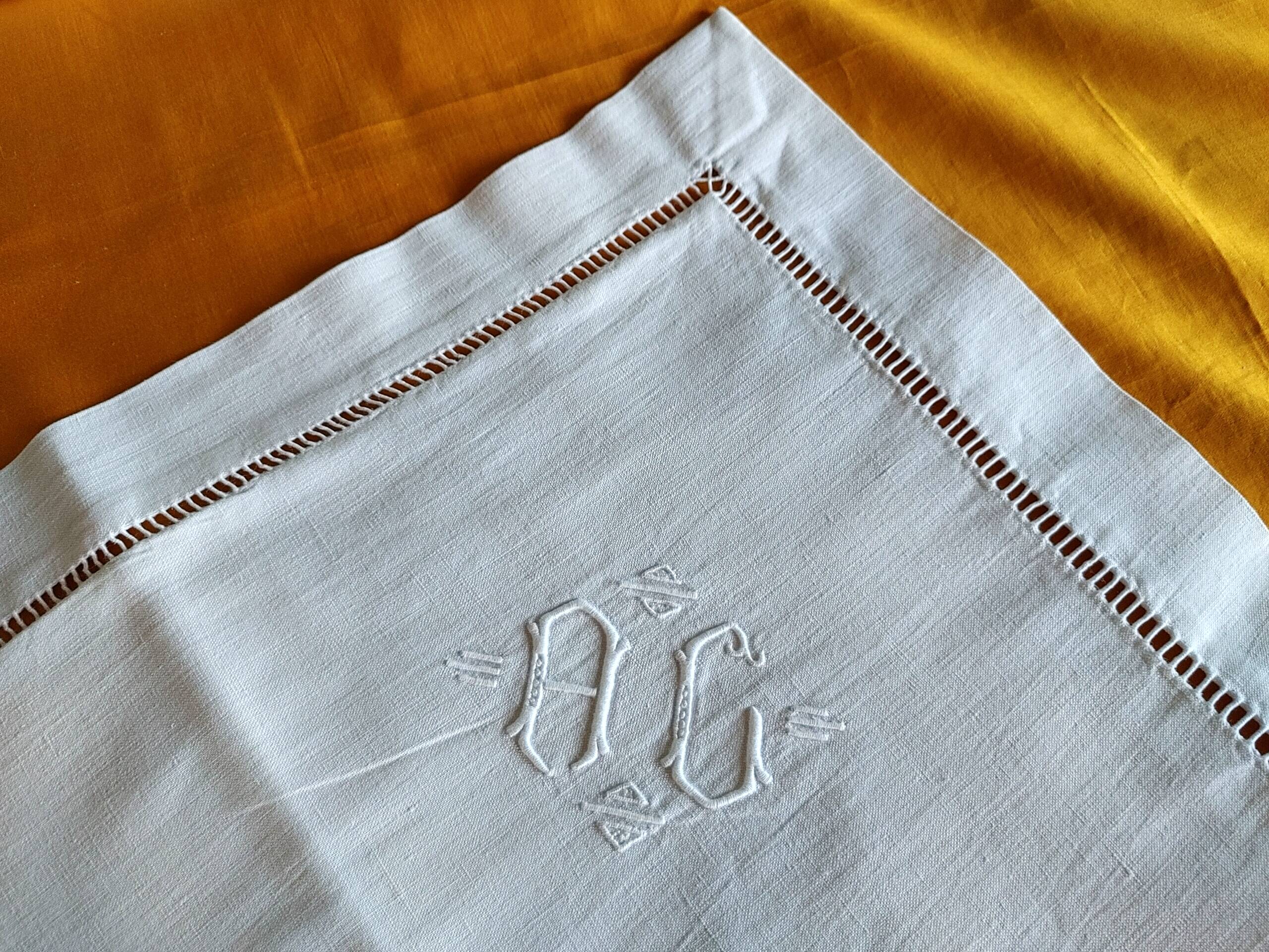 Pair of old linen & cotton pillowcases - AC monogram - never used