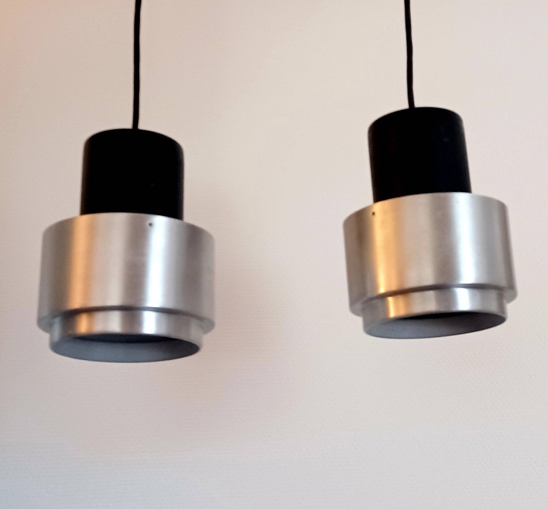 Pair of Space Age pendant lights in brushed stainless steel