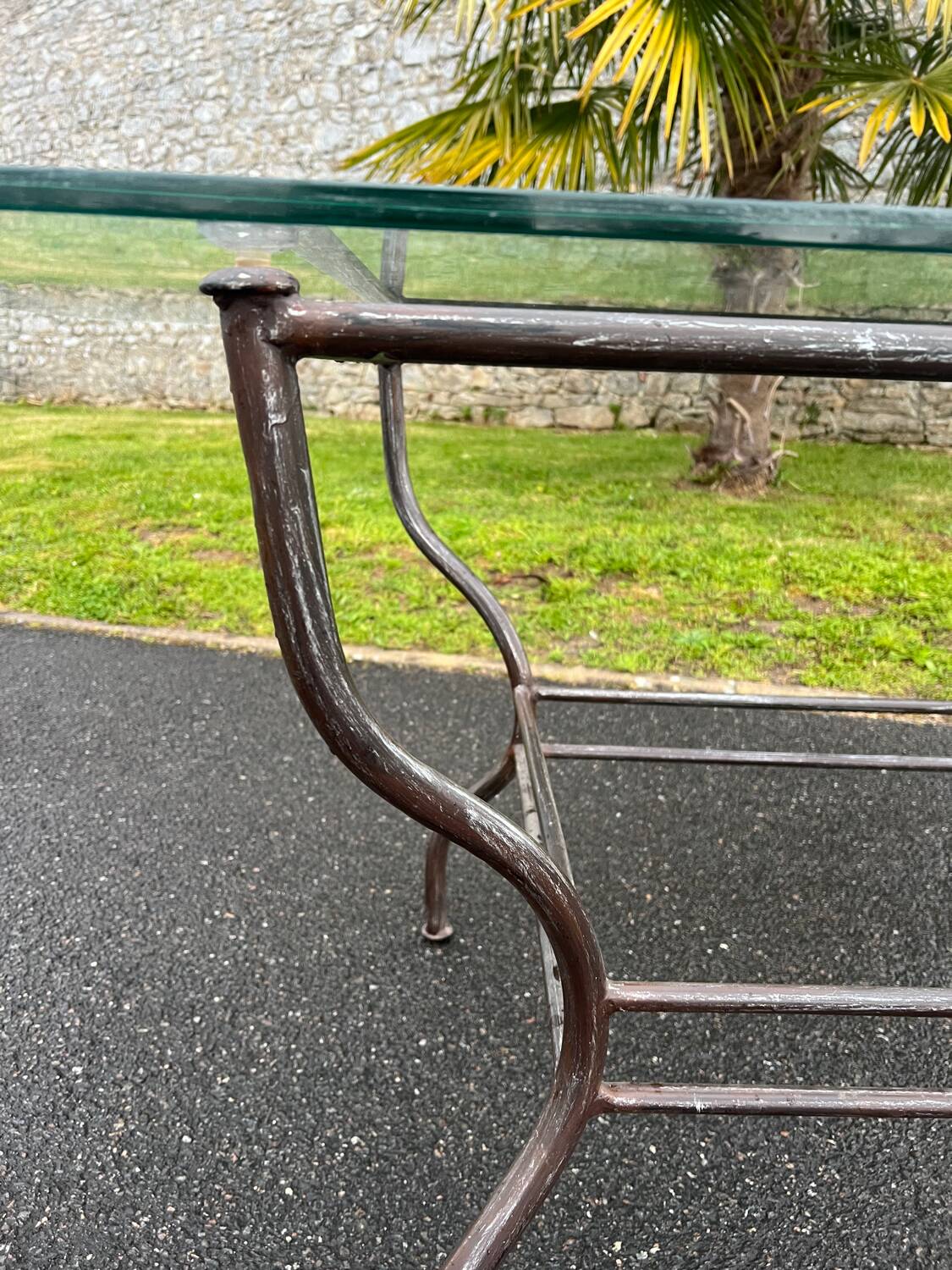 Rectangular table translucent glass top metal base vintage 1980