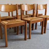 Set of 6 Maison Regain straw chairs in solid elm, 1970s-1980s