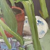 Still life painting vintage flower pot 70s