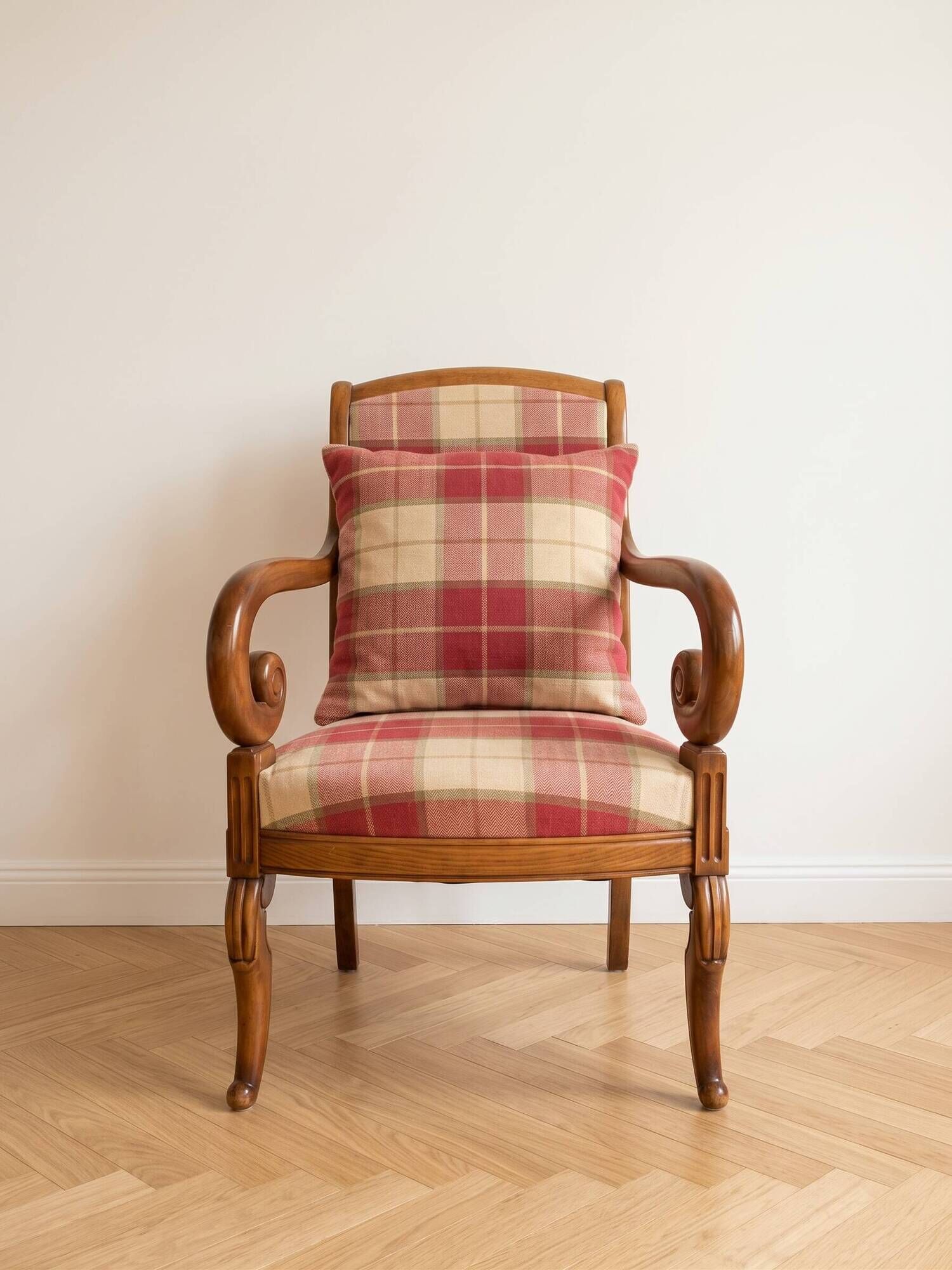 Classic armchair in wood and burgundy fabric