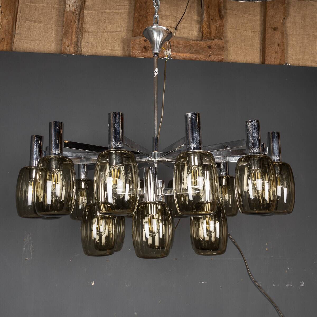 20thC ITALIAN CHROME & SMOKED GLASS EIGHTEEN LIGHT CHANDELIER c.1970