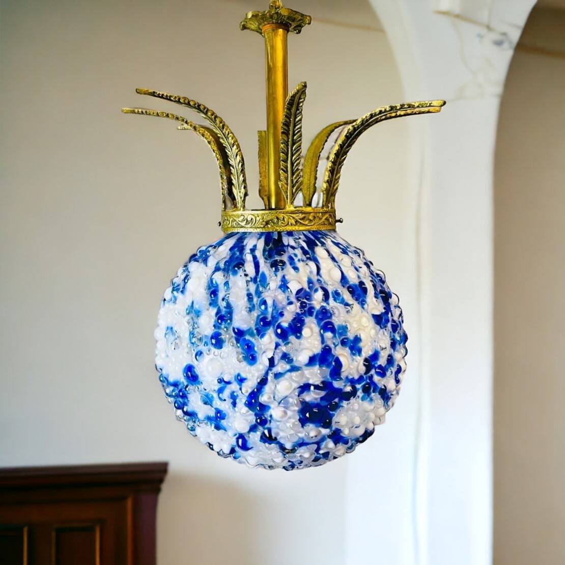 Giant blue  Art Glass chandelier with bronze crown