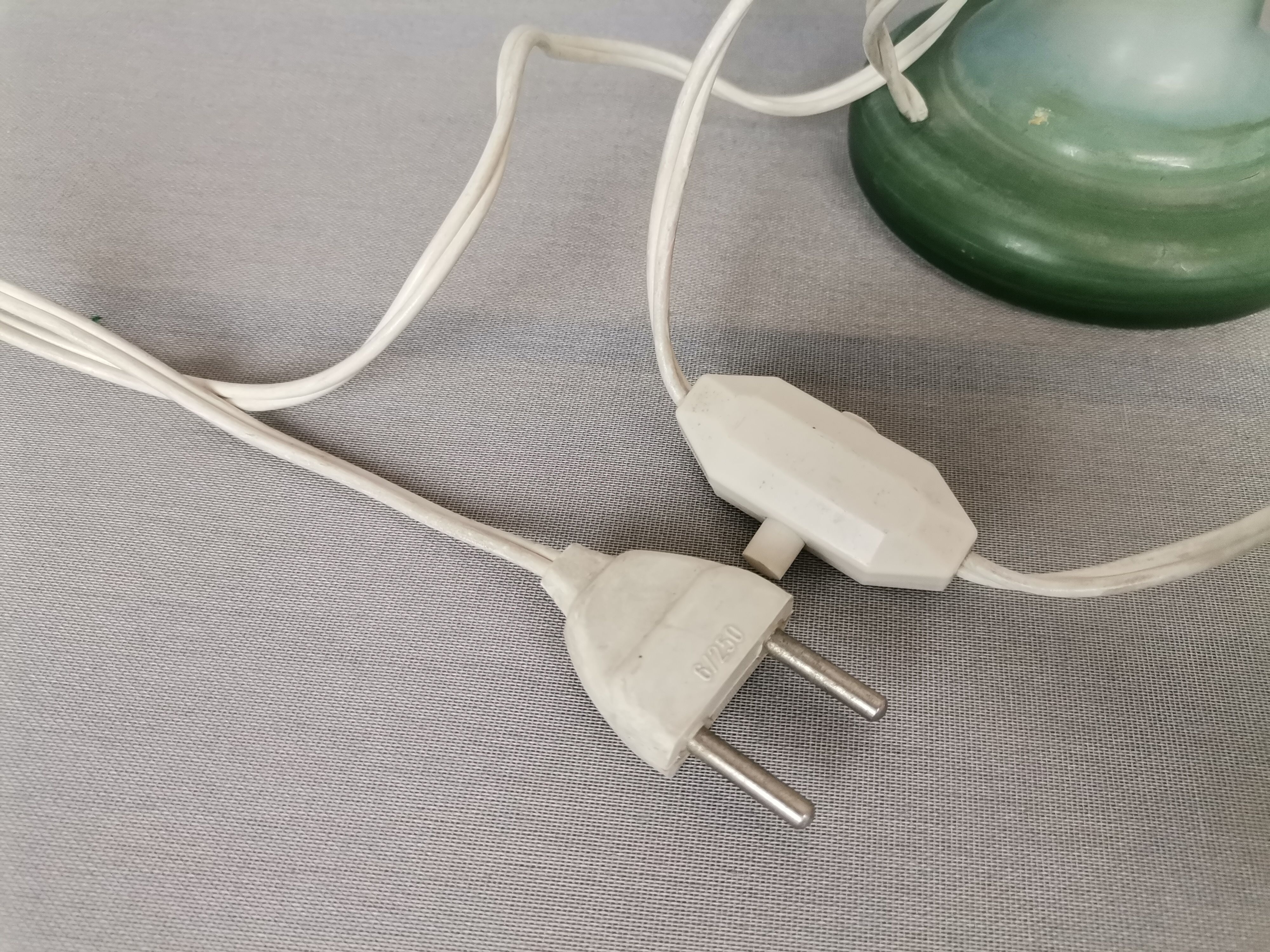 French country 1960s rustic green ceramic and glass vintage table lamp