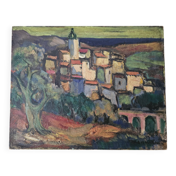 Tableau Huile sur Toile école cubisme - Paysage provençal Vence - Herrmann