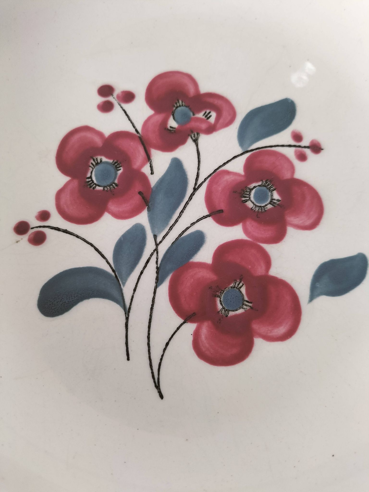 7 Salins Odile soup plates – raspberry flowers & blue border