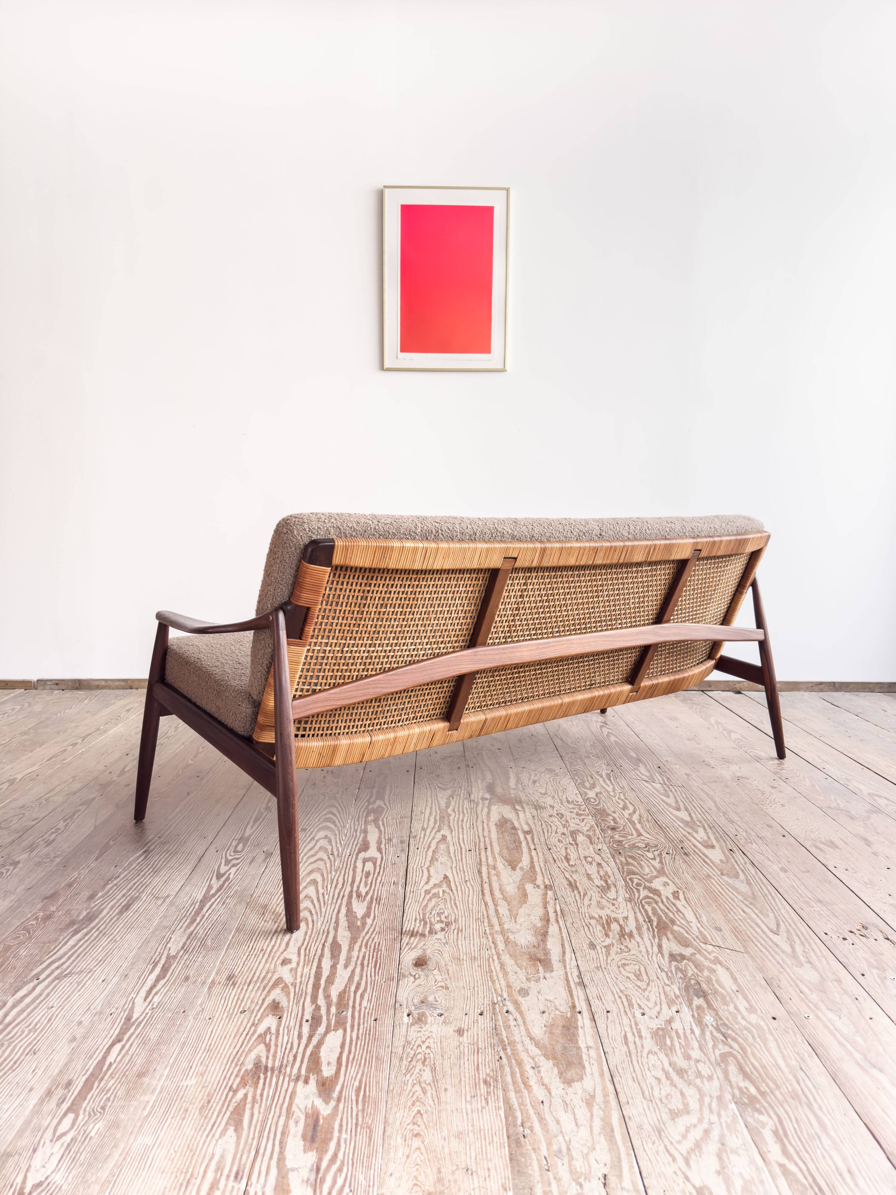 Mid Century Sofa par Hartmut Lohmeyer, teck et cannage