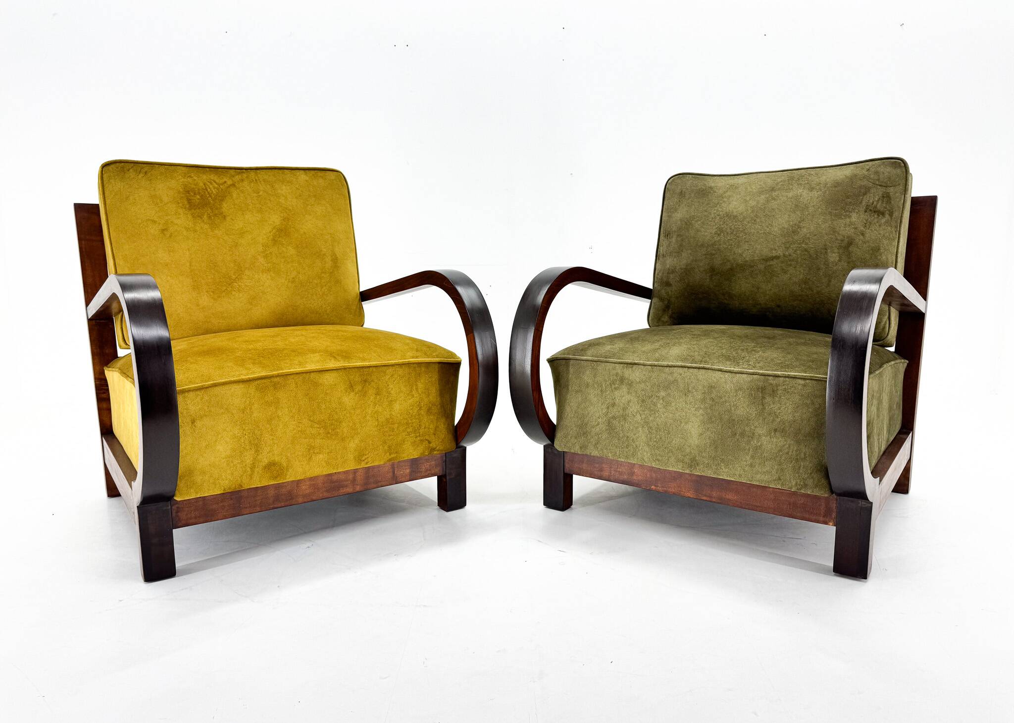 Pair of Art Deco beech armchairs, 1930s, newly upholstered
