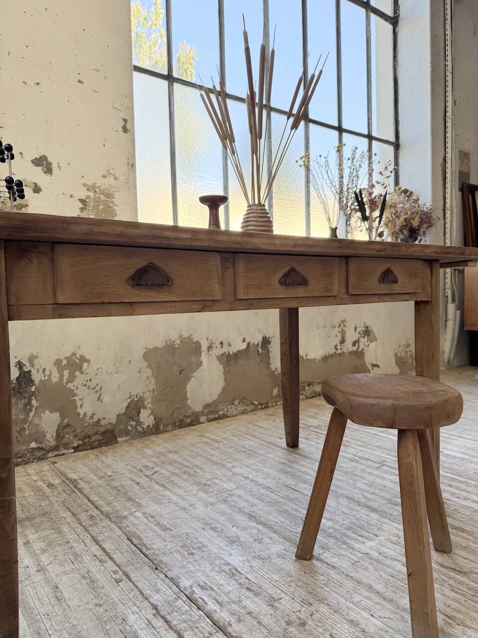 1950s pine and oak farmhouse table with multiple drawers