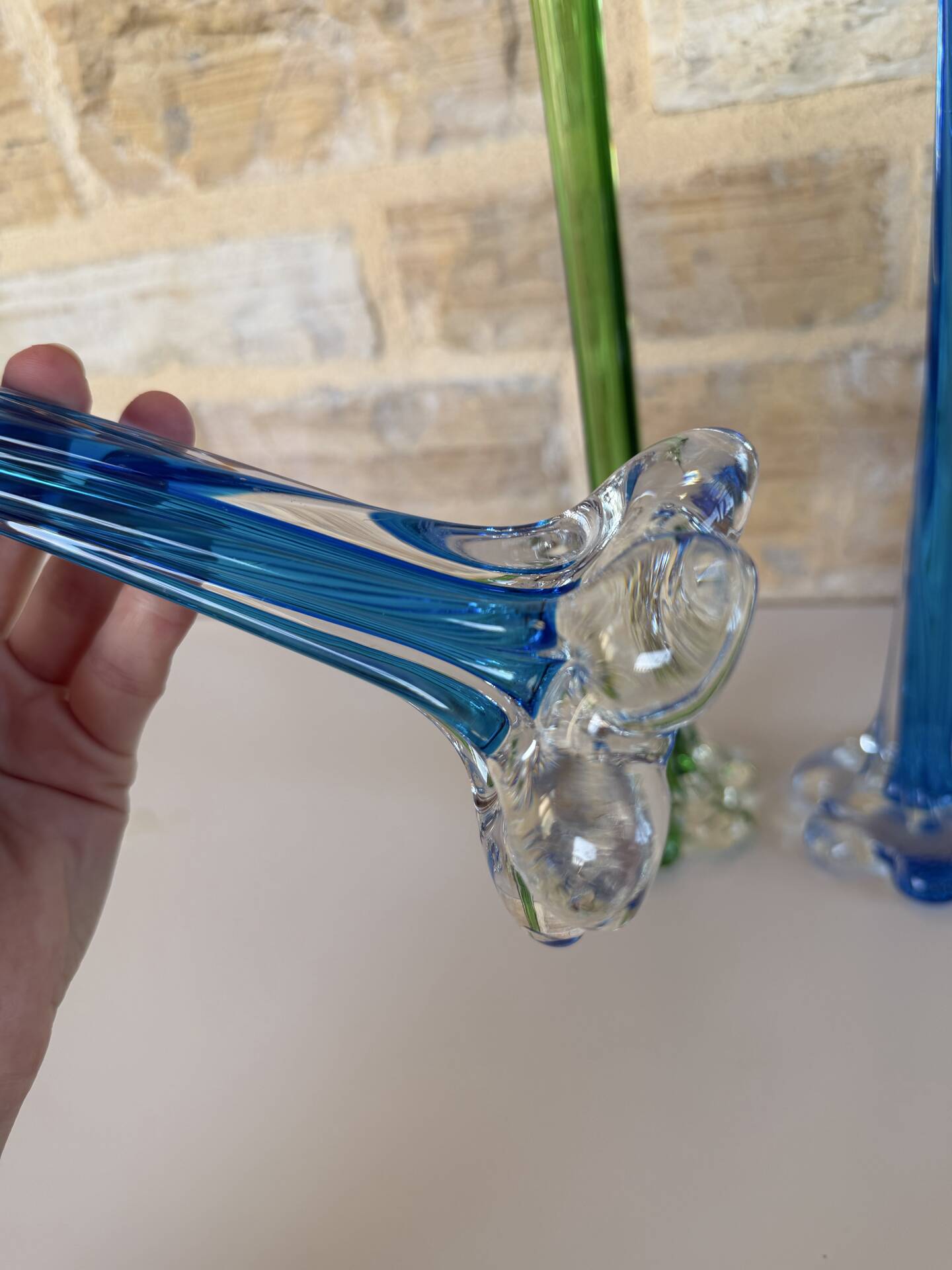 Trio de soliflore vase Murano vintage – verre soufflé bleu & vert – It