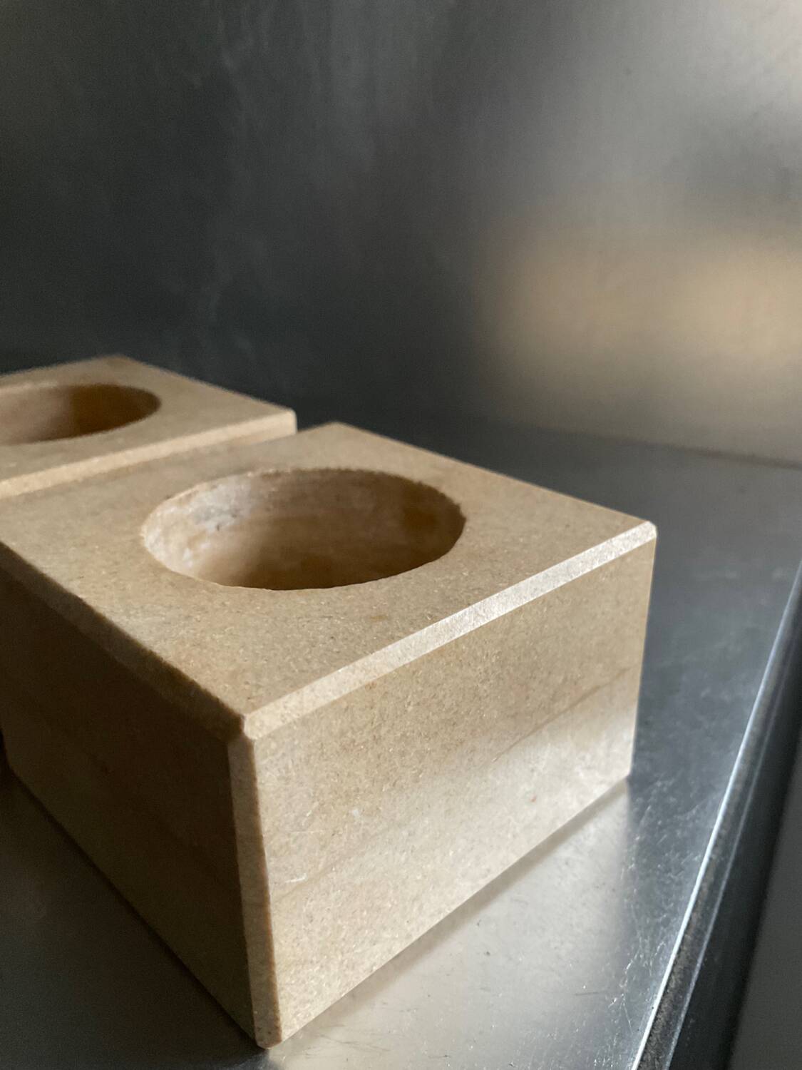 Pair of vintage travertine cube candlesticks from the 70s