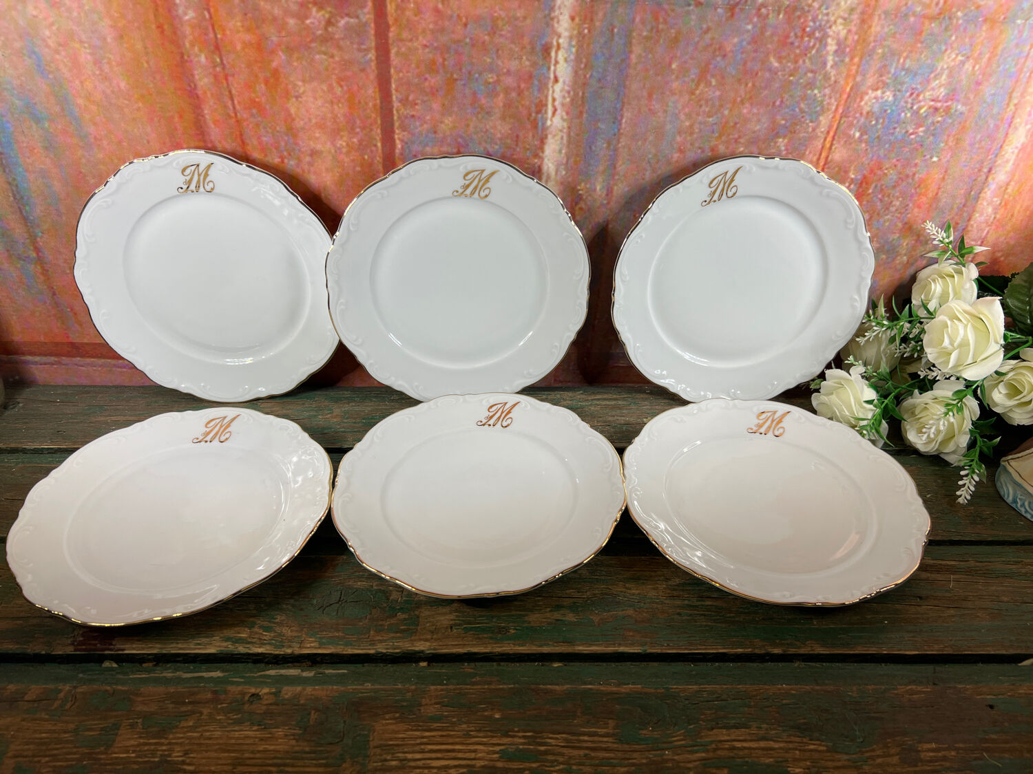 6 plates golden white dessert monogram