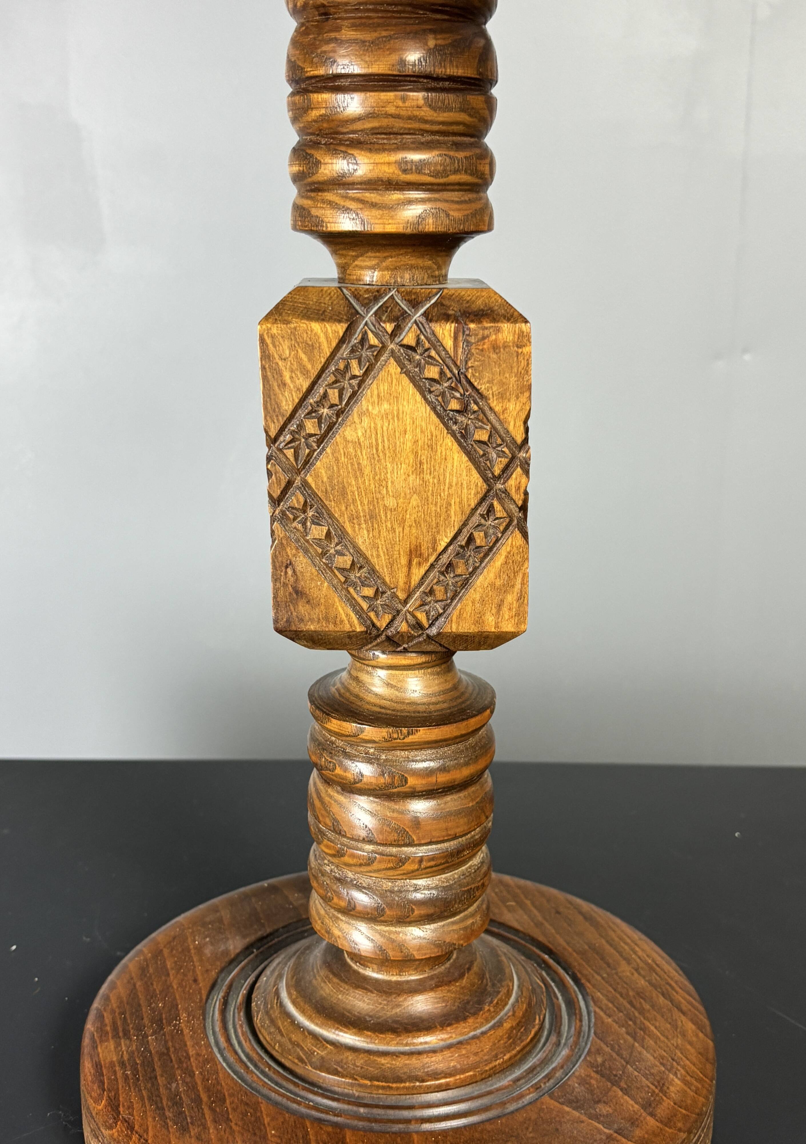 Midcentury brutalist wood turned table lamp in the style of Charles Dudouyt