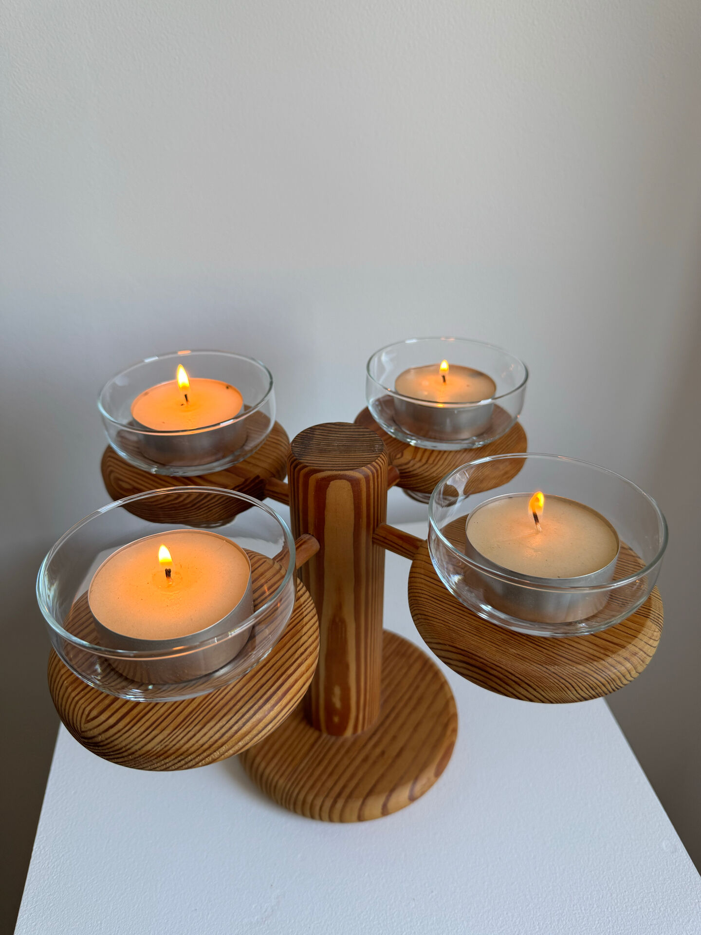 Vintage Mid Century Large Wood Candelabra With Four Glass Cups