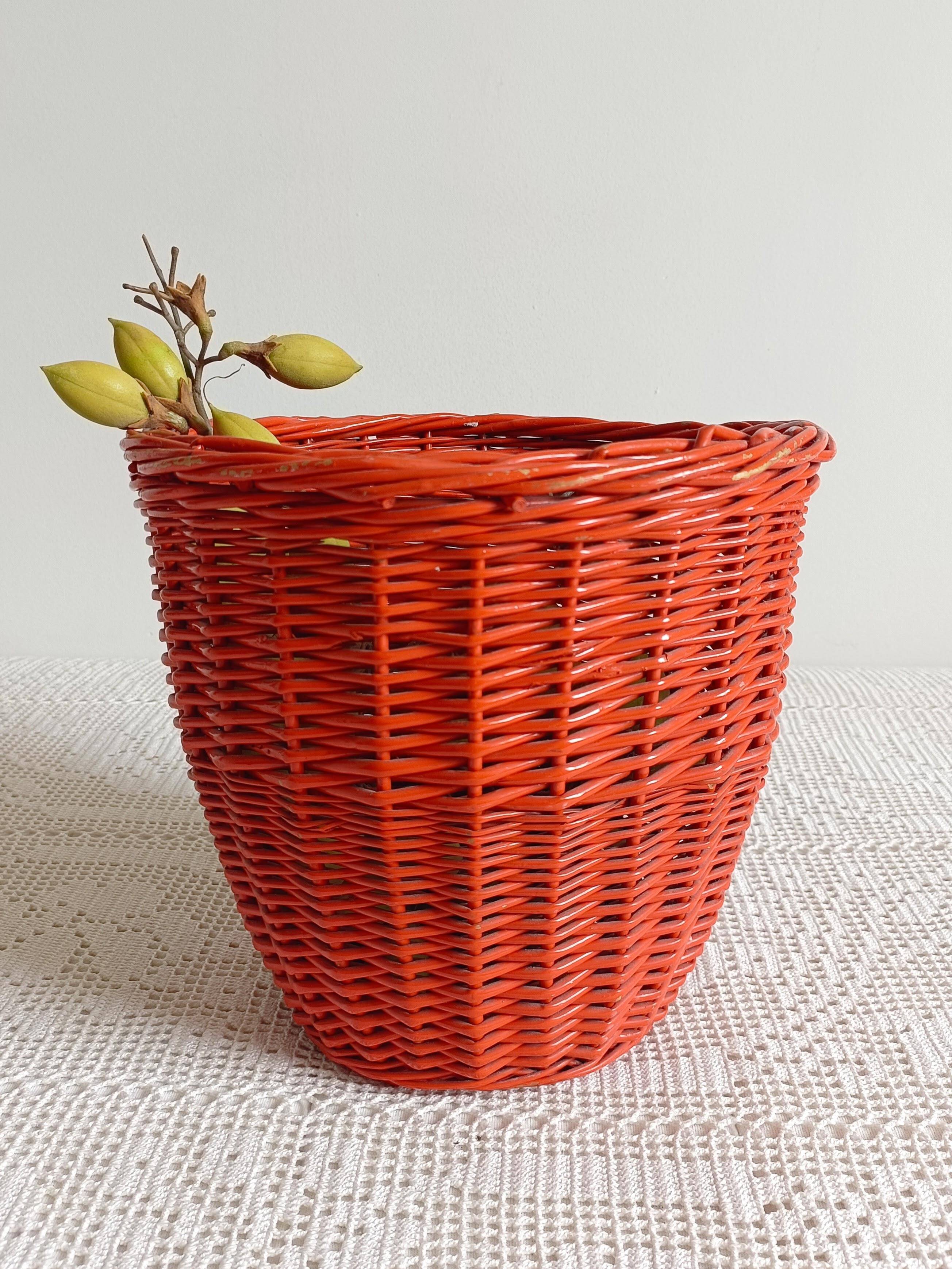 Bohemian Mid-Century Coral Red Wicker Basket, France, circa 1960s