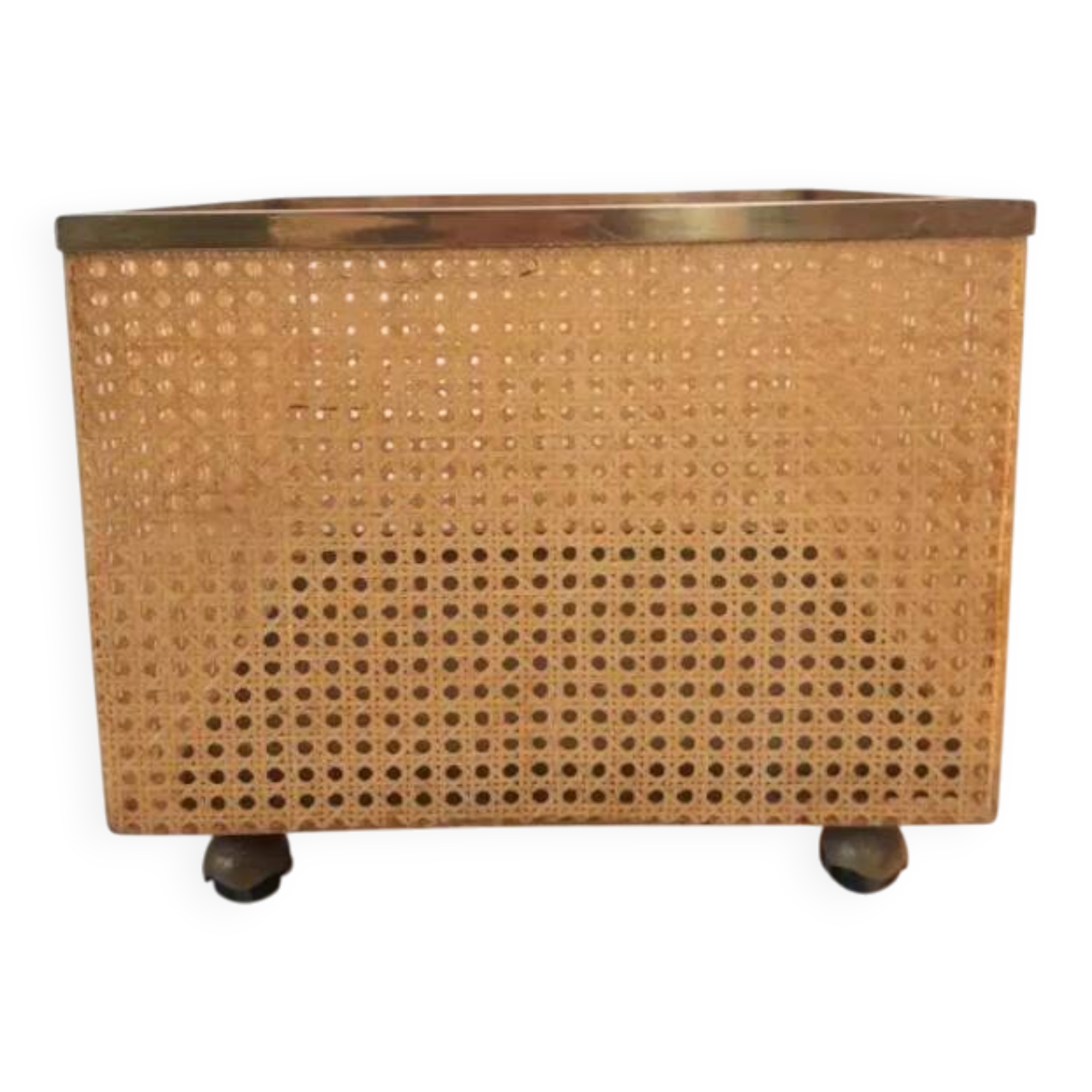 Meuble de rangement vintage à roulettes en lucite, paille de vienne et laiton