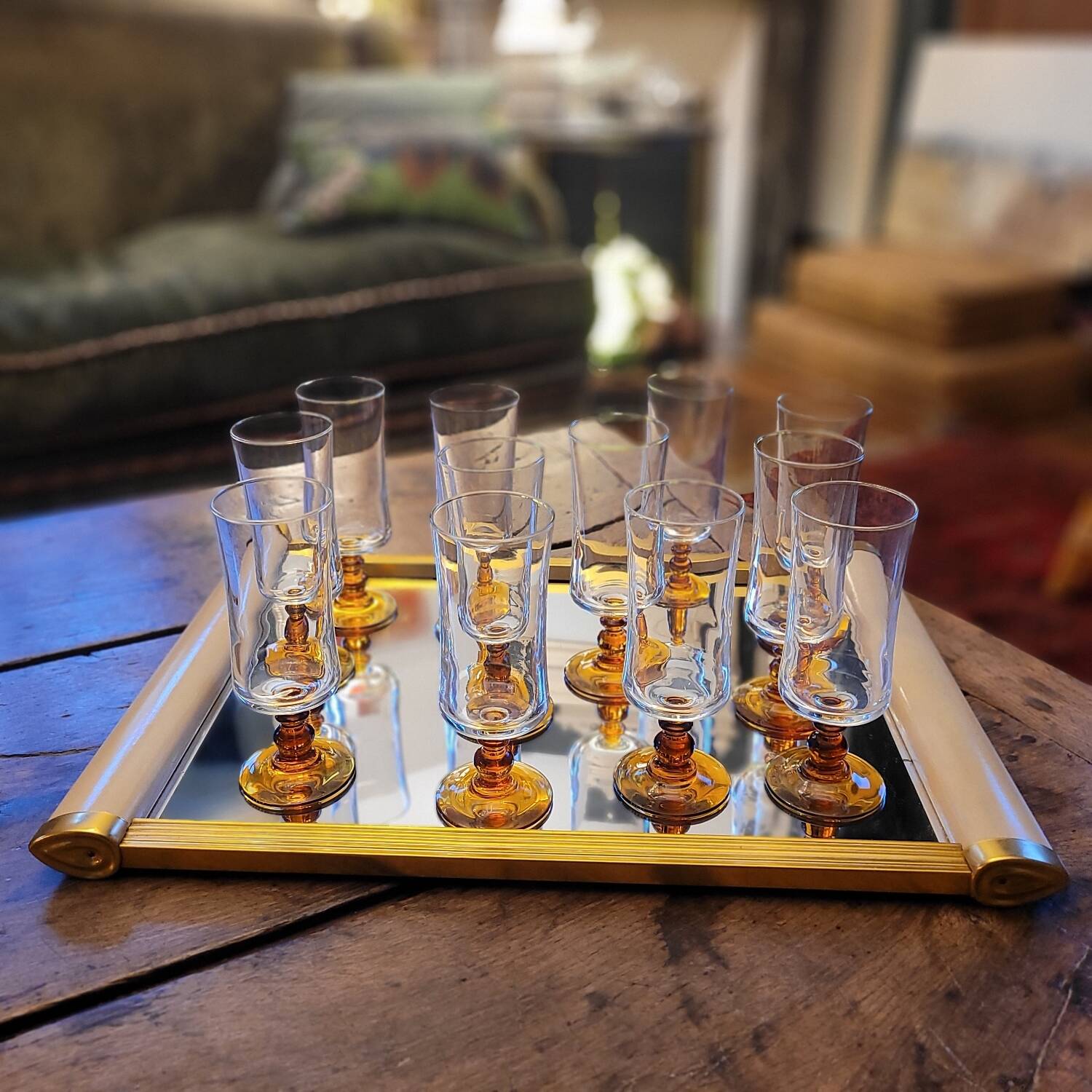12 amber-stemmed flutes, 70s