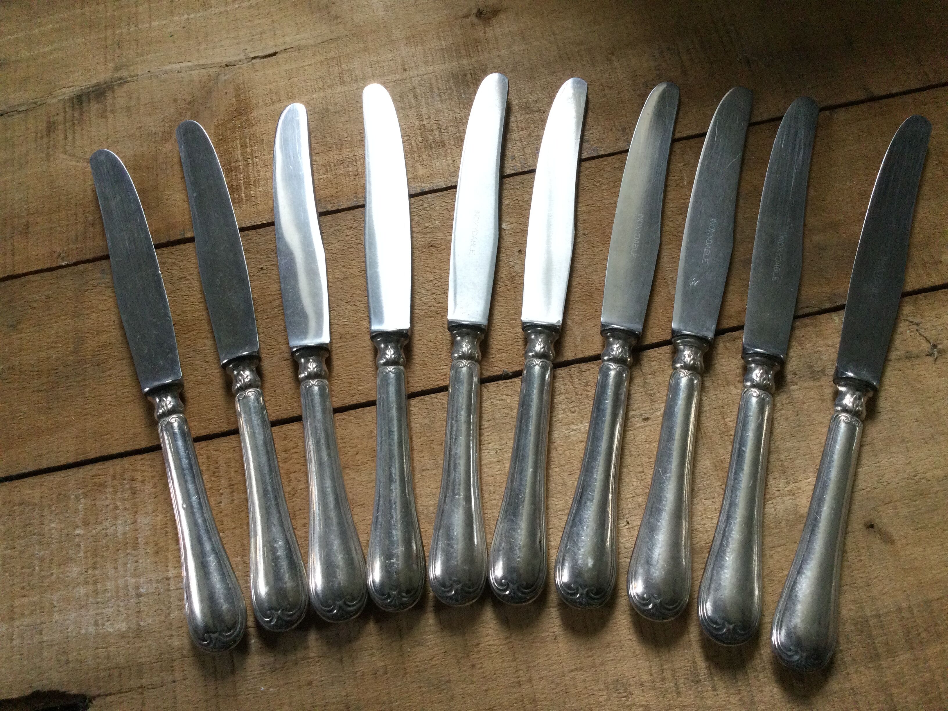 Set of 10 antique silver metal knives