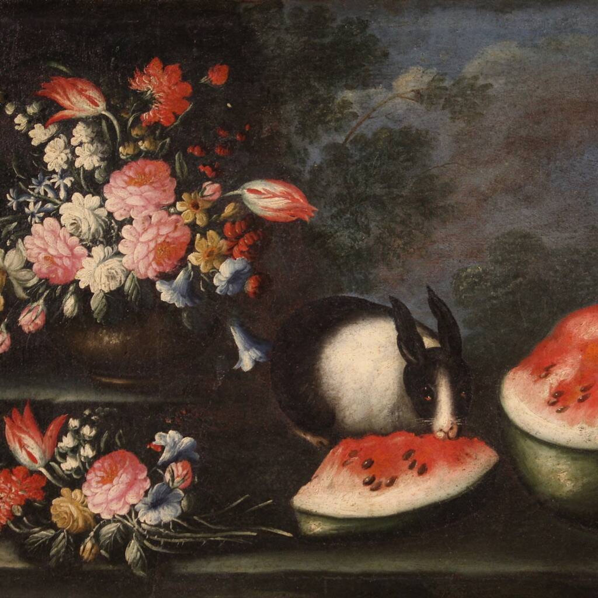 Antique Painting Still Life With Flowers And Fruit From The 18th Century