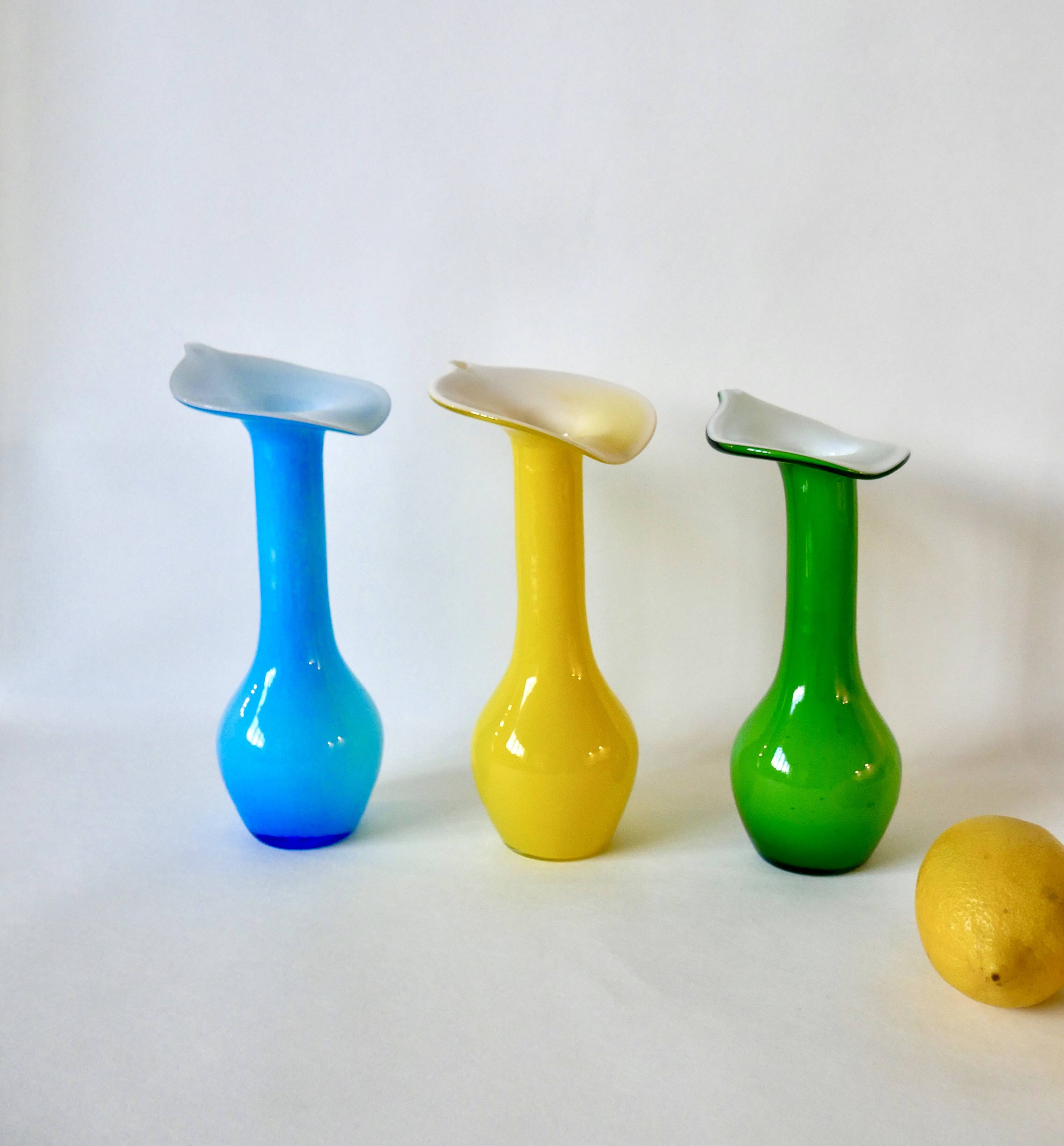 trio of designer vases in yellow, green and blue opaline from the 60s