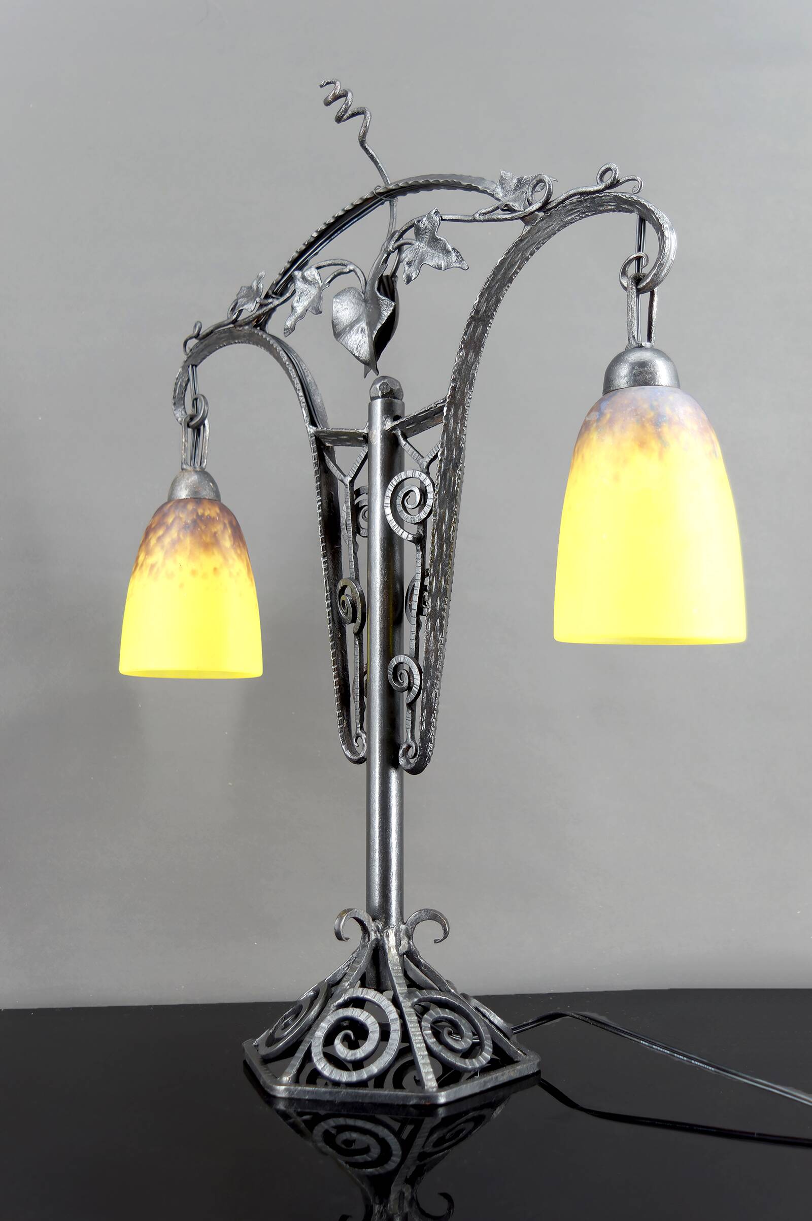 Important Double-Headed Lamp, Wrought Iron by Schneider, France, c. 1920
