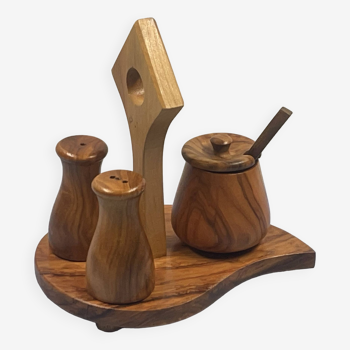 elegant table servant for condiment in olive wood, vintage