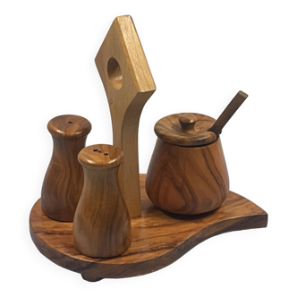 elegant table servant for condiment in olive wood, vintage