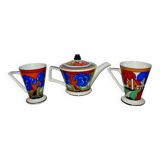 Teapot with 2 cups. art deco. clarice cliff. sadler.