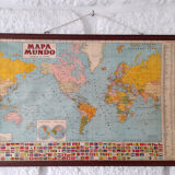 Original Old School Wall Planisphere. Original Vintage in Paper Over Linen World Map.