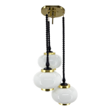 Lustre cascade en bois, verre laiteux et laiton du milieu du siècle, Pologne