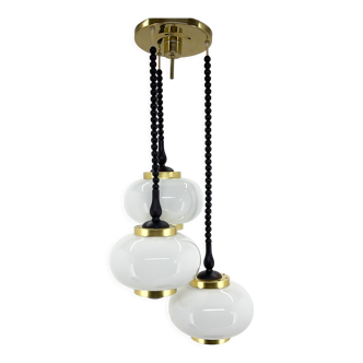 Mid century wood, milk glass & brass cascade chandelier, poland